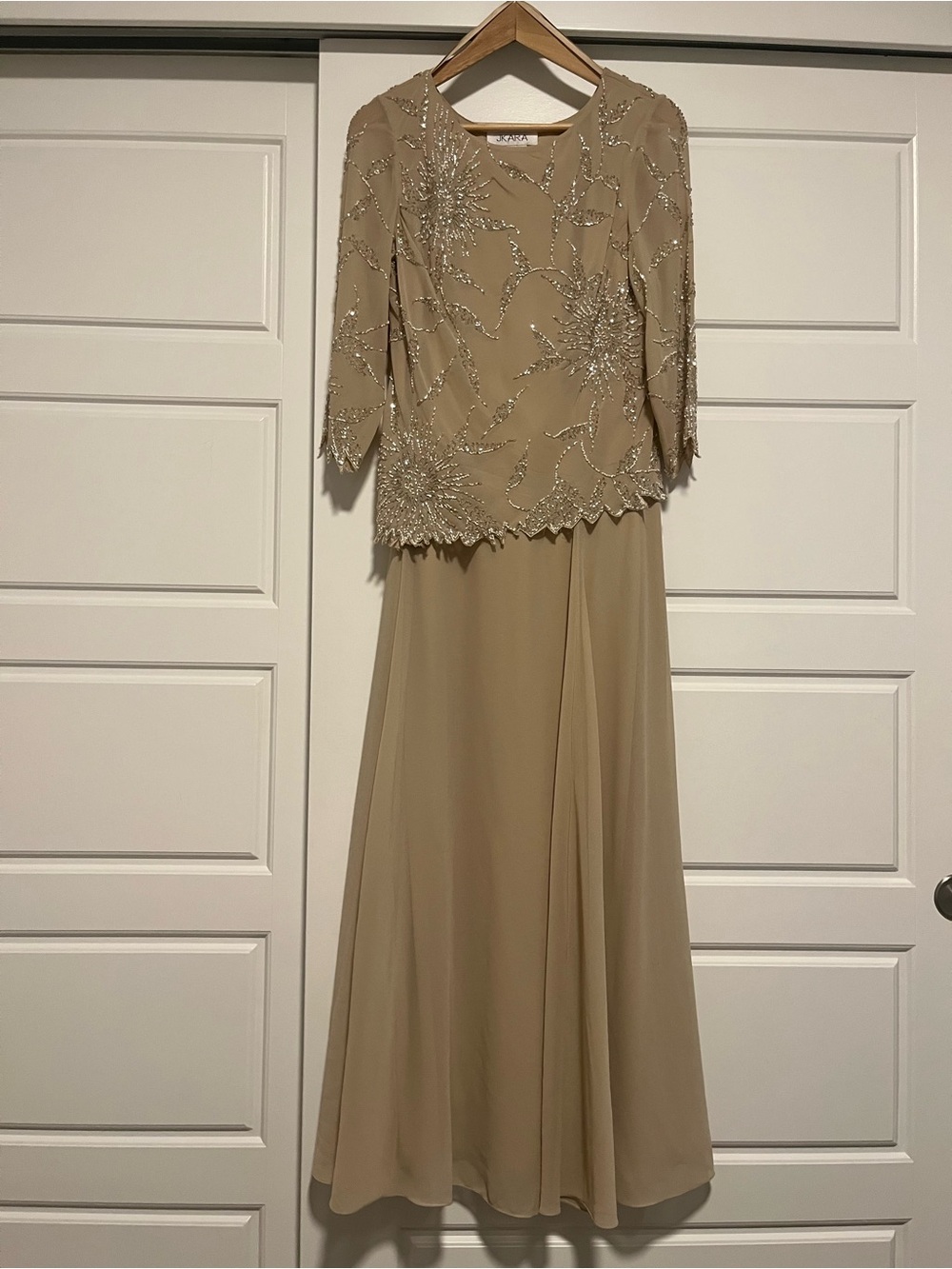 J Kara Beaded Taupe Evening Gown with Overlay Top